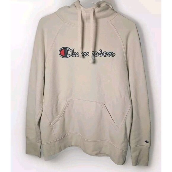 Champion Hoodie Size S White Blue Logo Kangaroo Pouch Long Sleeve Sweatshirt - Picture 1 of 8